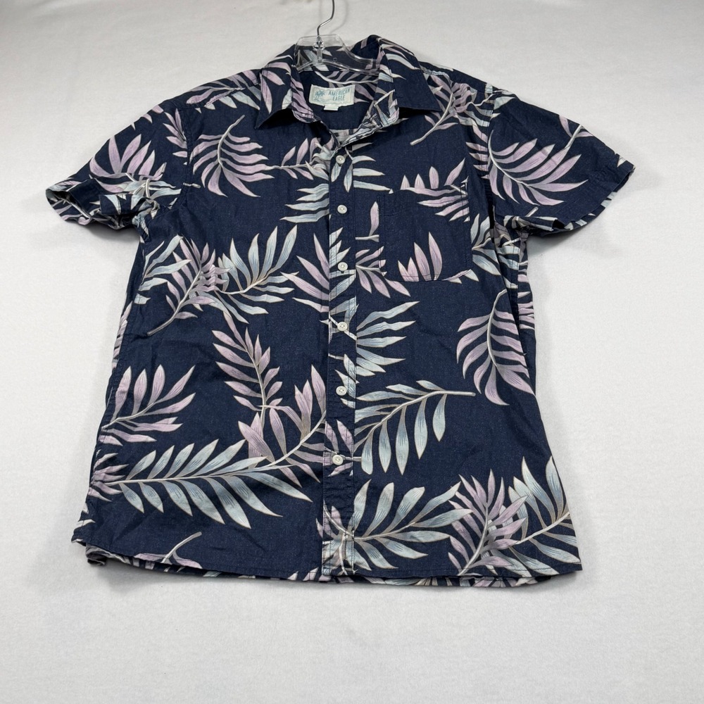 American Eagle Mens Navy Blue Tropical Leaf Print Short Sleeve Button Up Shirt M